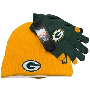 NFL Green Bay Packers Beanie Gloves Set Mens OS Yellow Green NWT Knit‎ Hat